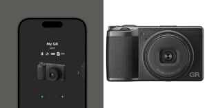 A smartphone screen displaying a camera app interface is shown on the left, and a compact black digital camera with a large lens is shown on the right, both against plain backgrounds.