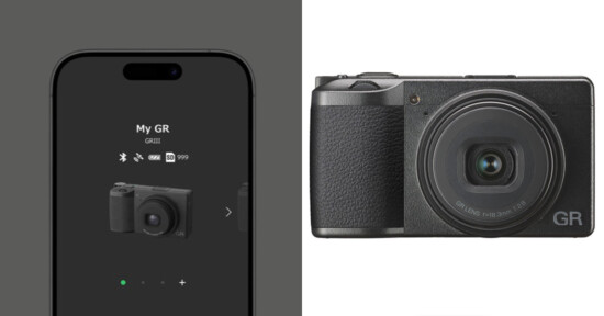 A smartphone screen displaying a camera app interface is shown on the left, and a compact black digital camera with a large lens is shown on the right, both against plain backgrounds.