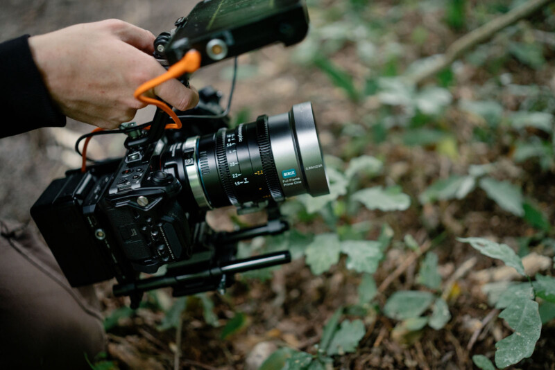 A person holding a professional video camera with a large lens, filming close to the ground among green leaves and branches outdoors.
