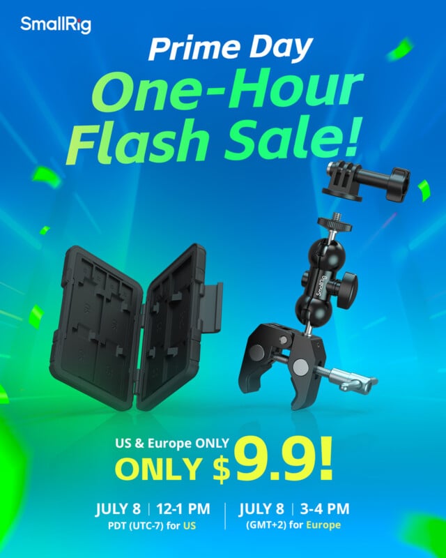 Promotional graphic for SmallRig’s Prime Day one-hour flash sale, featuring a camera accessory for $9.9. The sale is on July 8, 12-1 PM PDT in the US and 3-4 PM GMT+2 in Europe, with bright, festive colors.