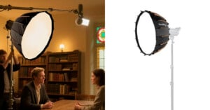 A film set with a softbox light and microphone above two people talking at a table in a library, next to a studio photo of the same softbox light mounted on a stand against a white background.