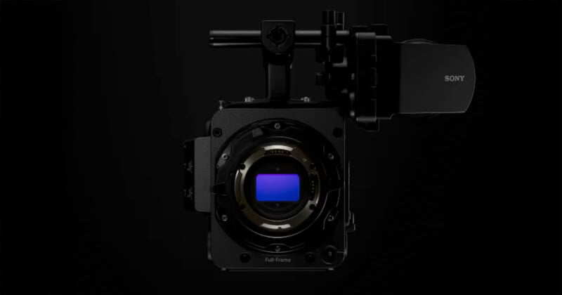 A Sony digital cinema camera body is shown head-on against a black background, highlighting its large full-frame sensor and lens mount with various controls visible.