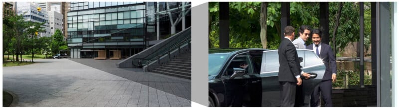 Left: An empty modern city plaza with glass buildings, stairs, and greenery. Right: Two men in suits greet a third man exiting a black car near a glass building surrounded by trees.