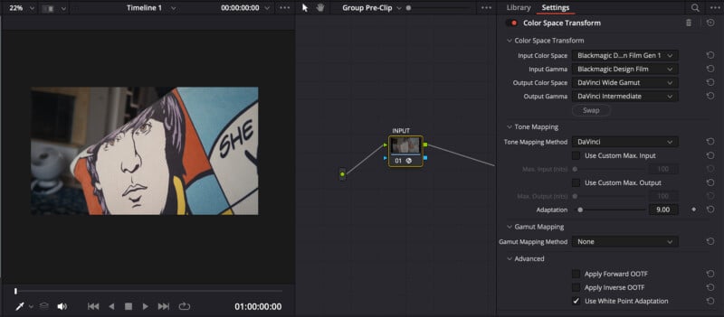 A video editing software interface shows a comic-style image of a woman's face on the left and color grading settings with adjustment nodes and options on the right.