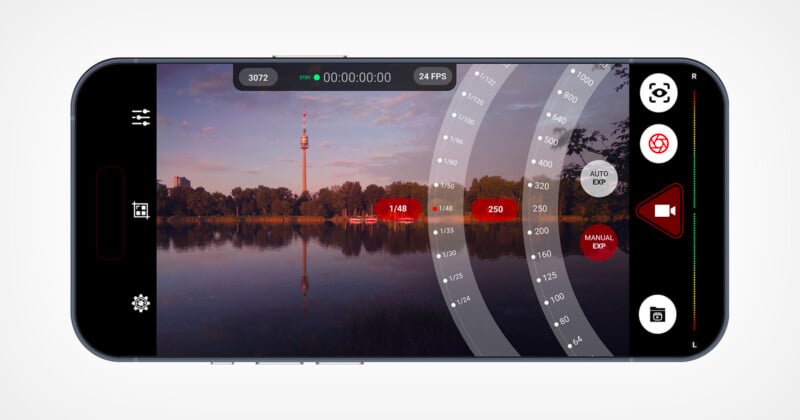 A smartphone screen displays a camera app interface showing a lake and a distant tower at sunset, with manual exposure and focus settings visible on the right side of the screen.
