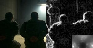 Two people in military uniforms kneel with hands behind their backs in a dimly lit room. The image is split; the left half is natural, while the right half is a high-contrast, abstract black-and-white version of the same scene.