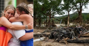On the left, three women embrace, appearing emotional and distressed. On the right, damaged trees and debris, including a destroyed vehicle, show the aftermath of a natural disaster in a rural area.