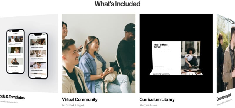 A collage with three panels: mobile screens showing tools and templates, people seated and smiling for a virtual community, and a laptop displaying a course in a curriculum library. Text labels each section.