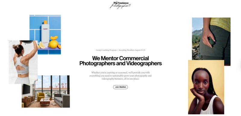 A collage featuring photos of a product, a woman's torso lifting weights, a person holding a camera, and a portrait of a woman, surrounds text promoting mentorship for commercial photographers and videographers.