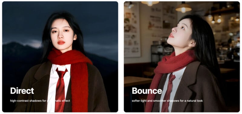Split image showing a woman in a red scarf and brown coat. Left: “Direct” lighting creates dramatic, high-contrast shadows. Right: “Bounce” lighting produces softer, smoother shadows and a natural look in a cozy indoor setting.