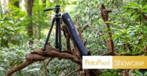 A tripod and a gray carrying case labeled "Ulanzi" rest on a tree branch in a green, leafy forest. The Petapixel Showcase logo appears in the lower right corner of the image.