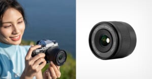 A woman holding a Fujifilm camera outdoors on the left, and a close-up of an interchangeable camera lens on a white background on the right.