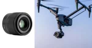 A camera lens is shown on the left against a white background, while on the right, a drone with a mounted camera flies in a clear sky.