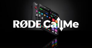 A RØDECaster Pro audio mixer with colorful buttons and knobs is displayed against a black background. The text "RØDE CallMe" is boldly overlaid across the center of the image.