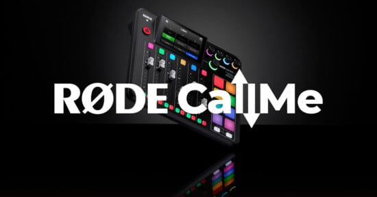 A RØDECaster Pro audio mixer with colorful buttons and knobs is displayed against a black background. The text "RØDE CallMe" is boldly overlaid across the center of the image.