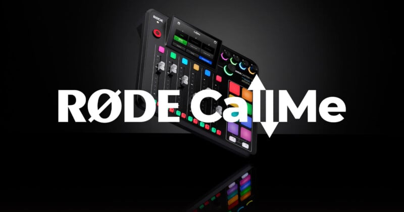 A RØDECaster Pro audio mixer with colorful buttons and knobs is displayed against a black background. The text "RØDE CallMe" is boldly overlaid across the center of the image.