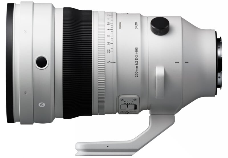 A large white Sigma 200mm f/2.0 DG lens with a tripod collar, focus controls, and focus ring, shown in a side profile against a white background.
