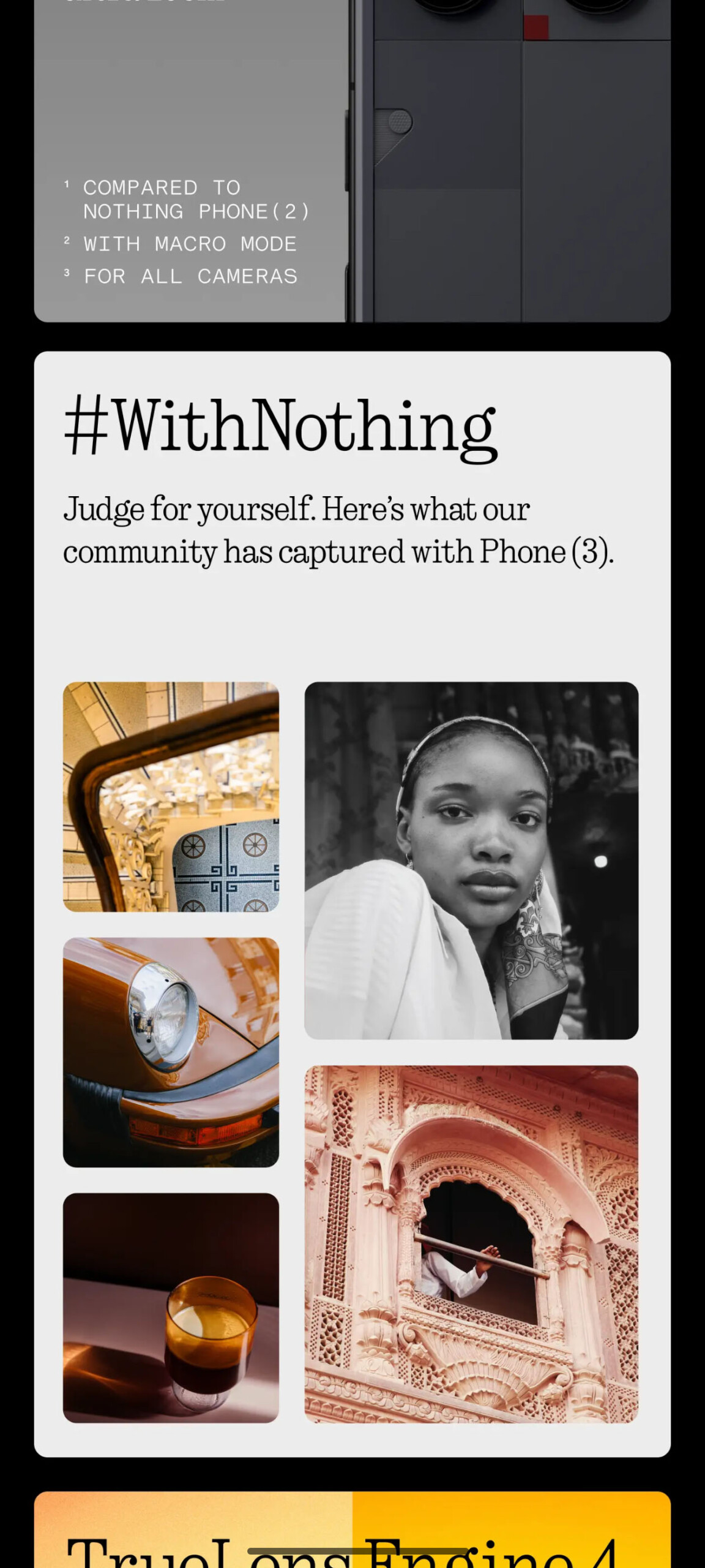 A collage showcasing photos taken with Phone (3): a close-up of a headlight, a black-and-white portrait, an orange drink, ornate architecture, and a decorative window, with text about the phone’s camera features.