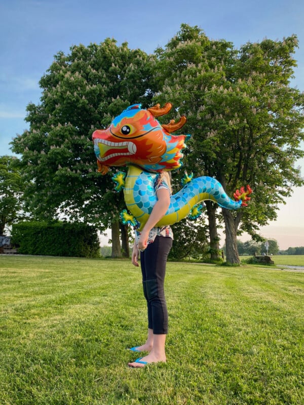 A person standing on grass wears a large, colorful inflatable dragon around their shoulders, making it look like the dragon’s head is theirs. Green trees and a blue sky are in the background.