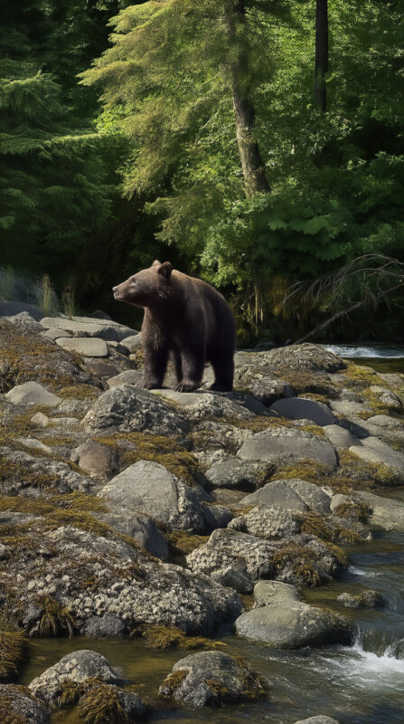 A brown bear stands on mossy rocks by a flowing river, surrounded by lush green trees in a sunlit forest.