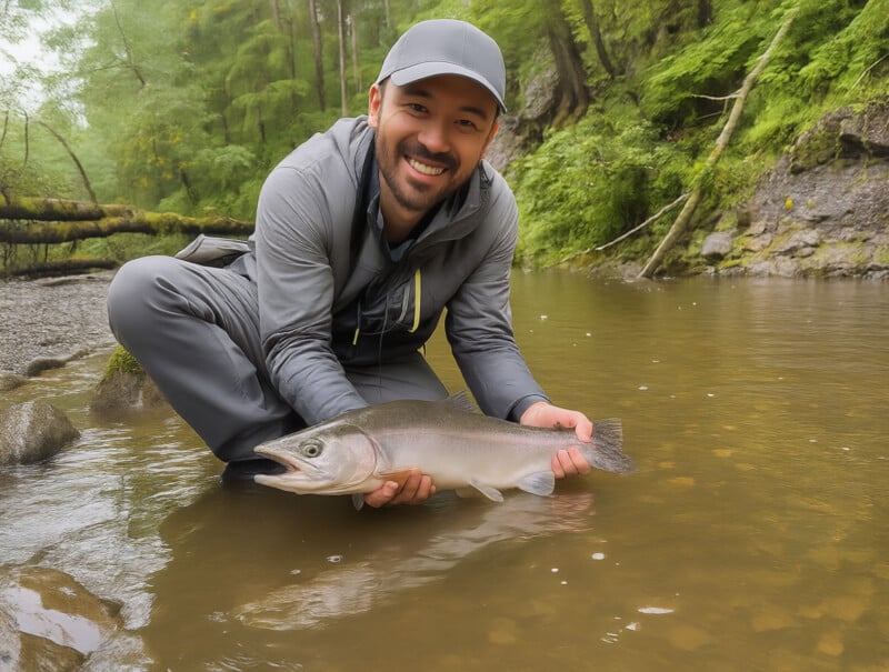 A smiling person in gray outdoor clothing kneels by a shallow, forested river, holding a large fish with both hands just above the water. Trees and rocks surround the calm stream.