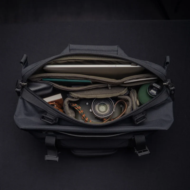A top-down view of an open black bag neatly packed with a laptop, a camera, a green water bottle, and other organized items in separate compartments.