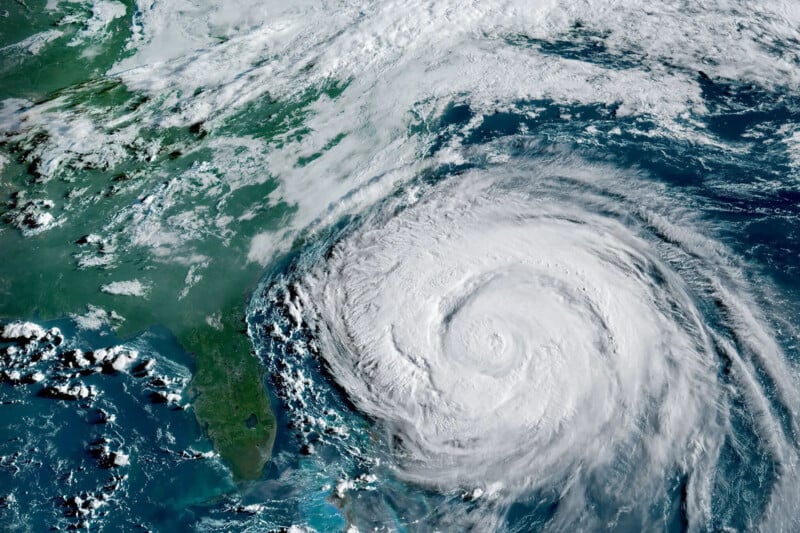 Satellite image of a large hurricane with a clearly defined eye swirling over the Atlantic Ocean, approaching the southeastern coast of the United States, with clouds and land visible.