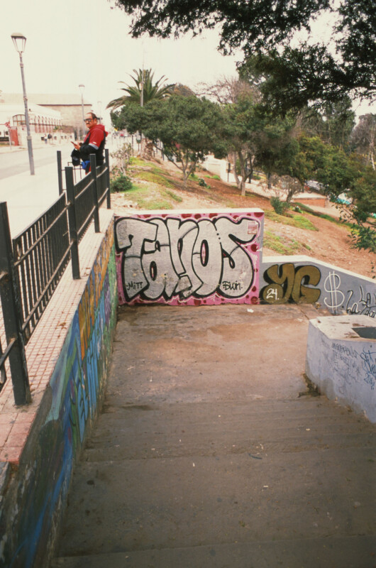 A concrete staircase with graffiti on the walls descends into a park area; a person in a red jacket sits on a fence above, surrounded by trees and a pathway.