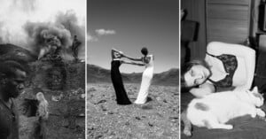 A triptych of black-and-white photos: people near smoking mounds; two women in long dresses holding hands in a rocky landscape; a woman in lingerie lying beside a cat indoors.