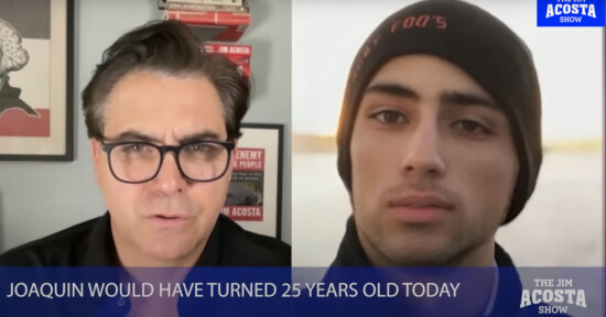 Split-screen image: On the left, a man with glasses and dark hair speaks directly to the camera, indoors with books in the background. On the right, a young man in a beanie looks ahead, outdoors. Text reads: "JOAQUIN WOULD HAVE TURNED 25 YEARS OLD TODAY.
