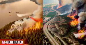 Side-by-side images of helicopters and planes dropping water and fire retardant on large wildfires burning through dense forests near roads and a city. Smoke billows into the sky. The image is labeled "AI-GENERATED.