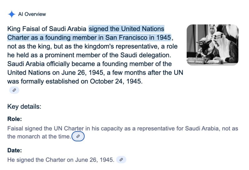 Screenshot of a webpage explaining that King Faisal of Saudi Arabia signed the United Nations Charter in San Francisco in 1945. Text is highlighted, and a black-and-white photo of King Faisal signing a document appears on the right.