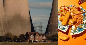 A split image: on the left, a house stands in front of large industrial cooling towers and power lines; on the right, a floral plate holds fish fingers, crinkle-cut fries, baked beans, and peas on an orange background.