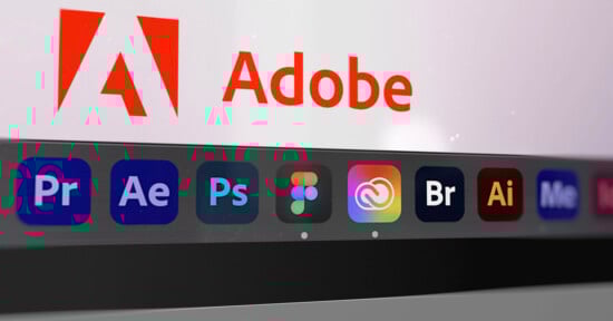 Close-up of a computer screen showing the Adobe logo and name, with various Adobe and design application icons, including Premiere Pro, After Effects, Photoshop, Figma, Creative Cloud, Bridge, Illustrator, and Media Encoder, in the dock below.