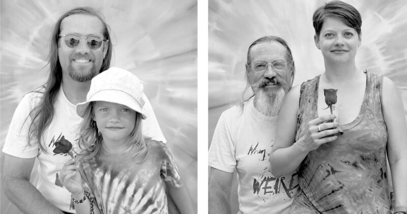 Two black-and-white portraits: On the left, an adult with long hair and glasses stands behind a child holding a rose. On the right, an older adult with a beard stands behind a woman holding a rose. Both backgrounds are tie-dye patterns.