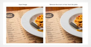 Side-by-side images of a plate of pasta on a menu. The left image shows a strand of hair on the plate; the right image shows the same scene with the hair digitally removed.