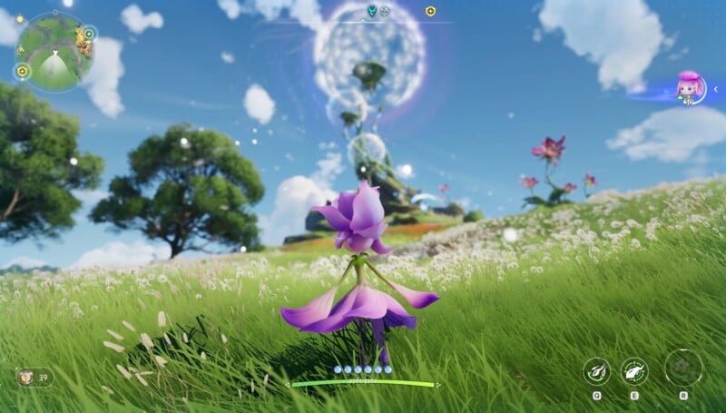 A whimsical, flower-like character stands in a lush green field dotted with white flowers, gazing at glowing orbs and a giant spiraling plant under a bright, blue sky with fluffy clouds. Game HUD elements are visible on screen.