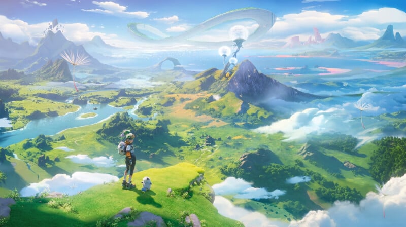 A person and a small animal stand on a grassy cliff, overlooking a vibrant, fantastical landscape with rivers, mountains, giant floating dandelions, and a looping sky bridge under a bright, sunny sky.