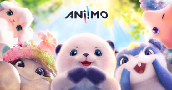 A group of cute, colorful animated animal characters smile and look up toward the viewer under a sunny, leafy sky, with the word "ANIMO" above them.