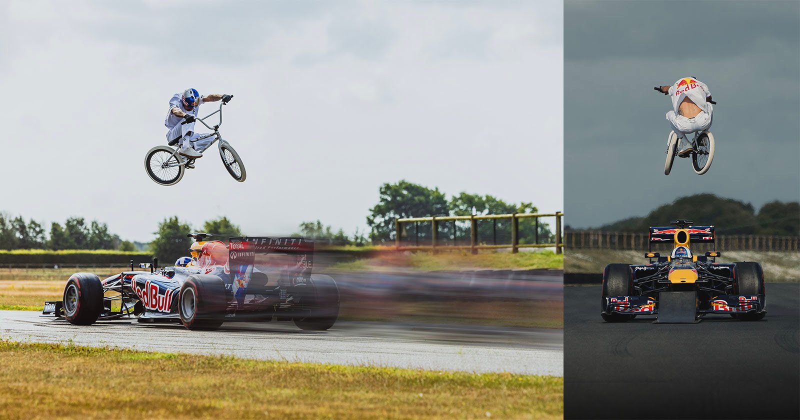 A BMX rider performs a high jump over a speeding Formula 1 car with a Red Bull logo on a racetrack; another BMX rider is mid-air above a stationary Red Bull Formula 1 car on a cloudy day.
