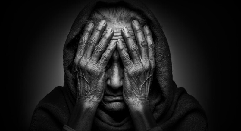 An elderly person wearing a dark hooded cloak covers their face with both wrinkled hands, creating a somber and emotional mood against a dark background.