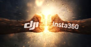 Two fists collide with an explosion of light; one fist is labeled "DJI" and the other "Insta360," symbolizing a clash or competition between the two brands.