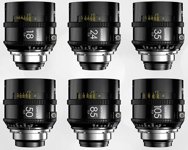 Seis lentes de cámara profesionales se dividen en dos filas, con distancias focales de 18 mm, 24 mm, 35 mm (fila superior) y 50 mm, 85 mm y 105 mm (fila inferior). Cada lente tiene una marca de apertura y enfoque.
