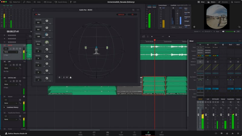 A digital audio workstation interface shows a 3D audio panning tool, multiple audio tracks, mixing controls, and a preview window displaying a 360-degree outdoor video.