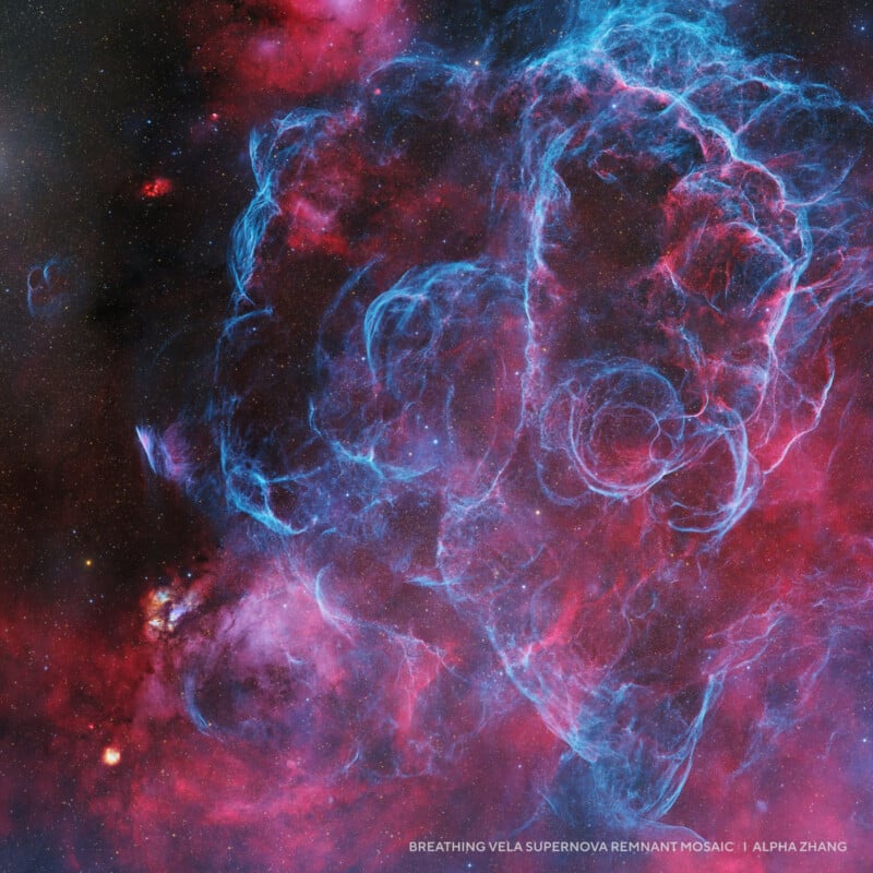A vibrant image of the Vela supernova remnant shows intricate blue filaments and glowing pink clouds of gas against a star-speckled background in deep space. The photo credit reads "Alpha Zhang.