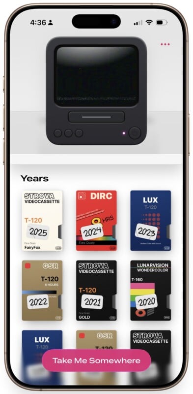 A smartphone screen shows a virtual display of retro VHS tapes labeled with years from 2018 to 2023, above a pink button that says “Take Me Somewhere.” A vintage TV illustration is at the top.