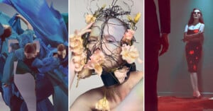 A collage of a man with flowers on his face.