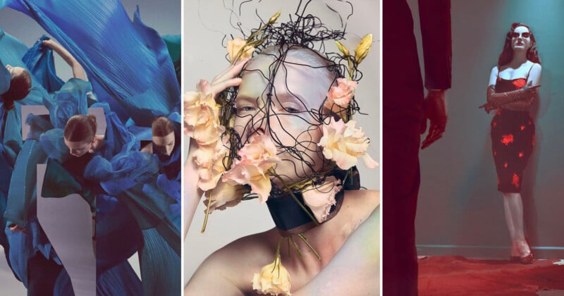 A collage of a man with flowers on his face.