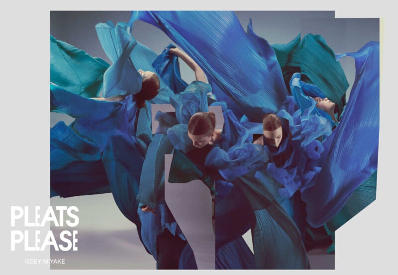 Four models in dynamic poses wear flowing, pleated blue and teal garments that create a dramatic, wave-like effect. The image has the text "PLEATS PLEASE ISSEY MIYAKE" in the lower left corner.