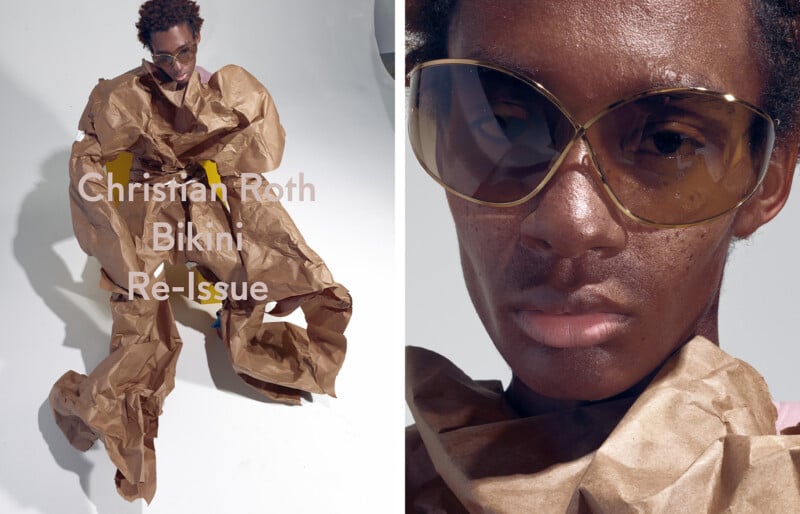 A person in oversized sunglasses and a dramatic, crumpled brown paper outfit poses in a studio. The text "Christian Roth Bikini Ré-Issue" appears over the left side of the split image.